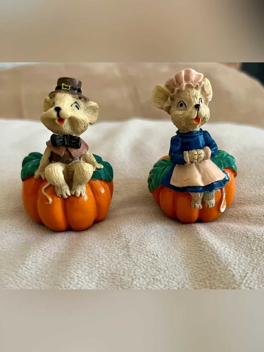 Mouse Figurines Sitting on Pumpkins Boy & Girl, Painted Resin, 2 Pack